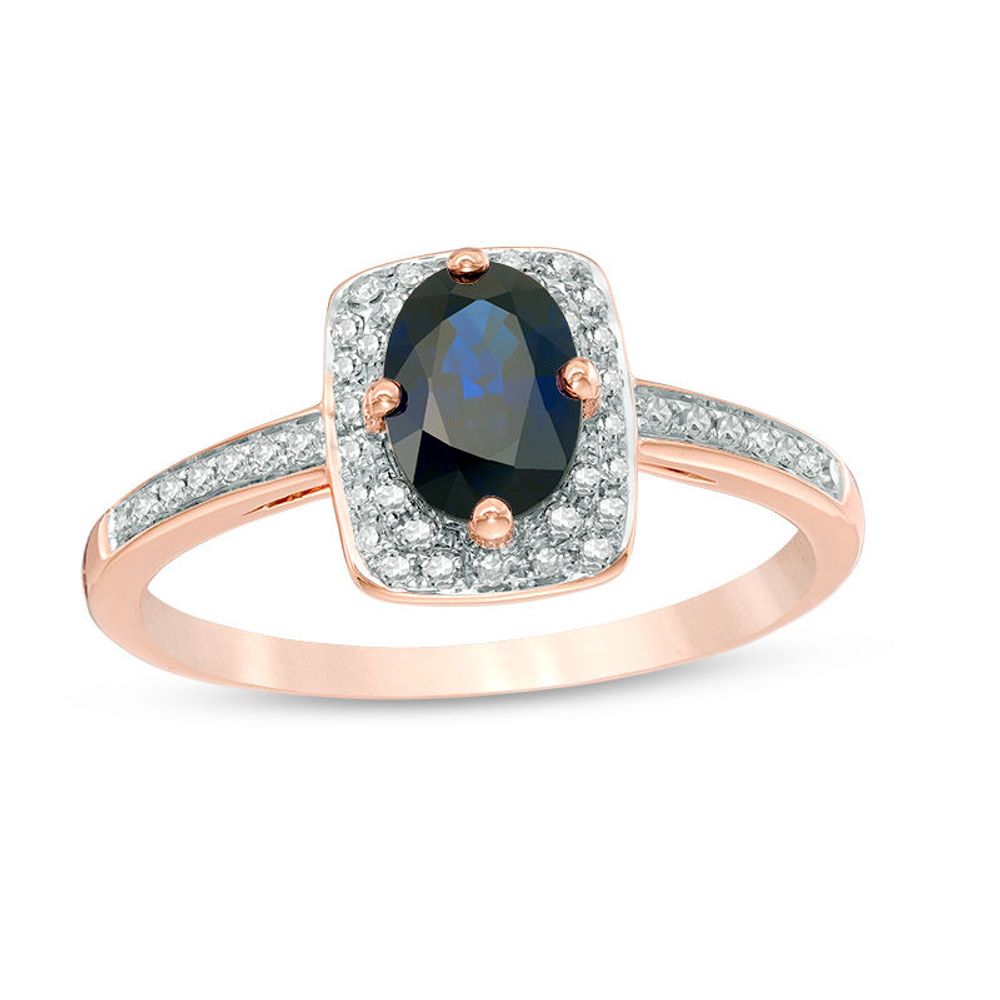 Oval Blue Sapphire and 0.12 CT. T.W. Diamond Rectangular Frame Ring in 10K Rose Gold|Peoples Jewellers