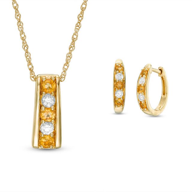 Alternating Citrine and Lab-Created White Sapphire Pendant and Hoop Earrings Set in Sterling Silver with 14K Gold Plate|Peoples Jewellers