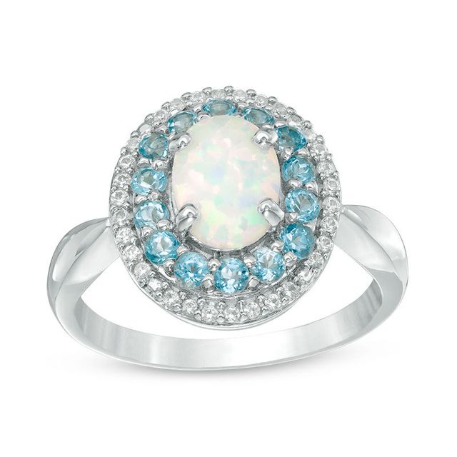 Oval Lab-Created Opal, White Sapphire and Blue Topaz Double Frame Ring in Sterling Silver|Peoples Jewellers