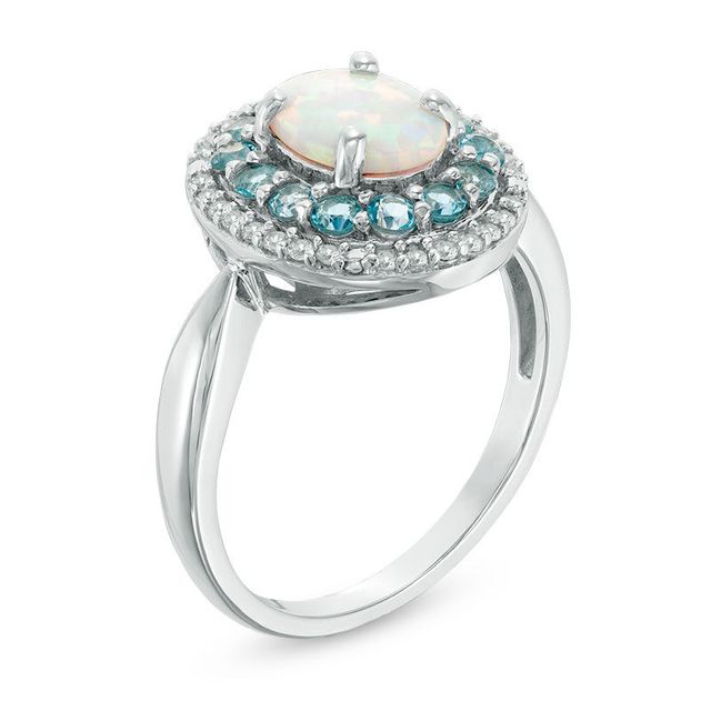 Oval Lab-Created Opal, White Sapphire and Blue Topaz Double Frame Ring in Sterling Silver|Peoples Jewellers