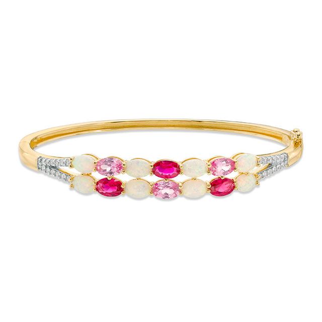 Oval Lab-Created Multi-Gemstone and White Sapphire Double Row Split Bangle in Sterling Silver with 14K Gold Plate