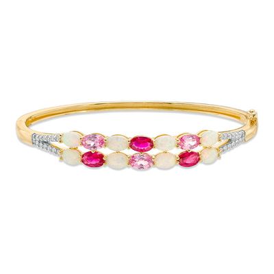 Oval Lab-Created Multi-Gemstone and White Sapphire Double Row Split Bangle in Sterling Silver with 14K Gold Plate|Peoples Jewellers