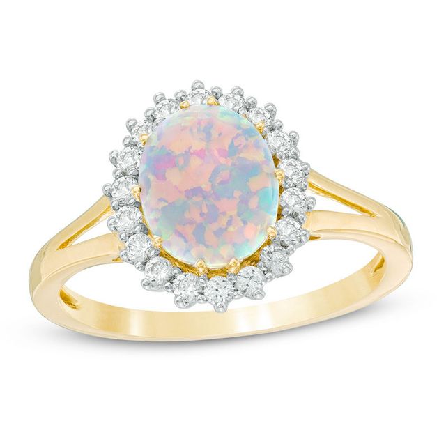 Oval Lab-Created Opal and White Sapphire Frame Split Shank Ring in 10K Gold