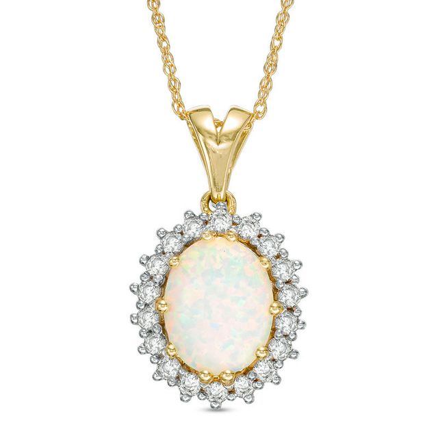 Oval Lab-Created Opal and White Sapphire Sunburst Frame Pendant in 10K Gold|Peoples Jewellers