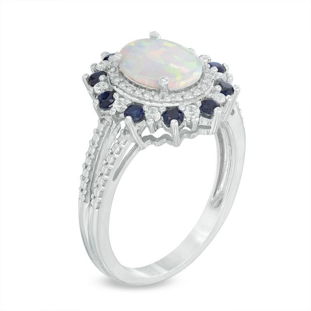 Oval Lab-Created Opal, Blue and White Sapphire Frame Split Shank Ring in Sterling Silver|Peoples Jewellers