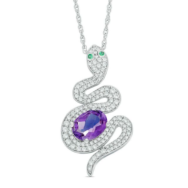 Oval Amethyst, Lab-Created Emerald and White Sapphire Snake Pendant in Sterling Silver|Peoples Jewellers