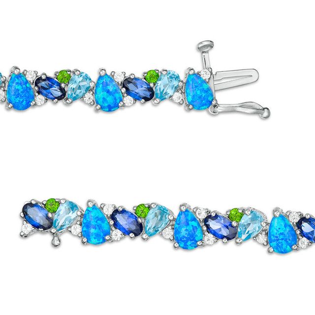 Multi-Gemstone Cluster and Lab-Created White Sapphire Bracelet in Sterling Silver - 7.25"