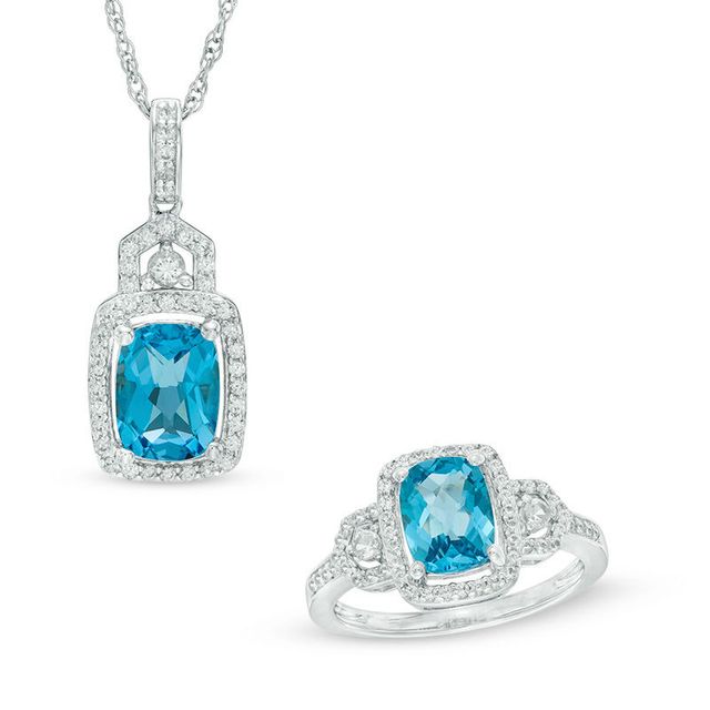 Blue Topaz and Lab-Created White Sapphire Buckle Frame Pendant and Ring Set in Sterling Silver