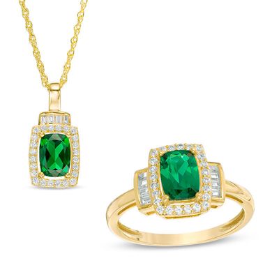 Cushion-Cut Lab-Created Emerald and White Sapphire Frame Pendant and Ring Set in 10K Gold|Peoples Jewellers