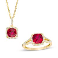 7.0mm Cushion-Cut Lab-Created Ruby and White Sapphire Frame Pendant and Ring Set in 10K Gold|Peoples Jewellers