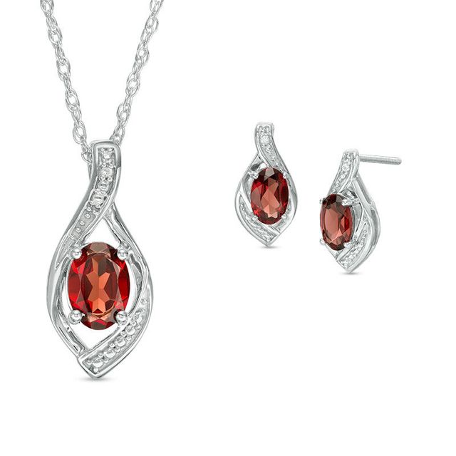 Garnet and Lab-Created White Sapphire Flame Pendant and Drop Earrings Set in Sterling Silver|Peoples Jewellers