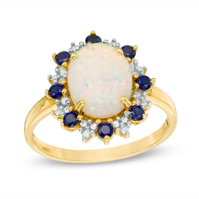 Oval Lab-Created Opal, Blue and White Sapphire Starburst Frame Ring in 10K Gold|Peoples Jewellers