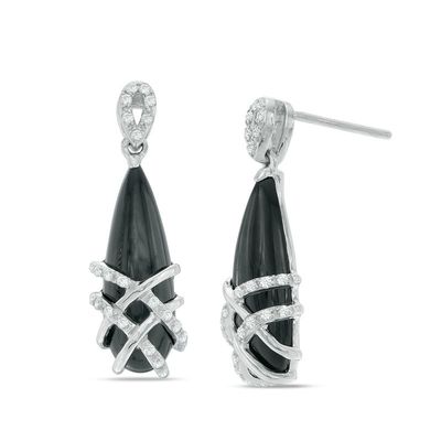 Pear-Shaped Onyx and Lab-Created White Sapphire Lattice Overlay Drop Earrings in Sterling Silver|Peoples Jewellers