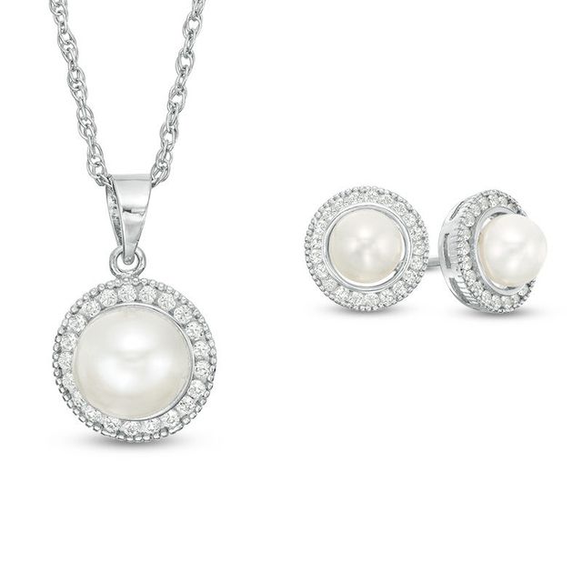 Button Freshwater Cultured Pearl and Lab-Created White Sapphire Frame Pendant and Stud Earrings Set in Sterling Silver