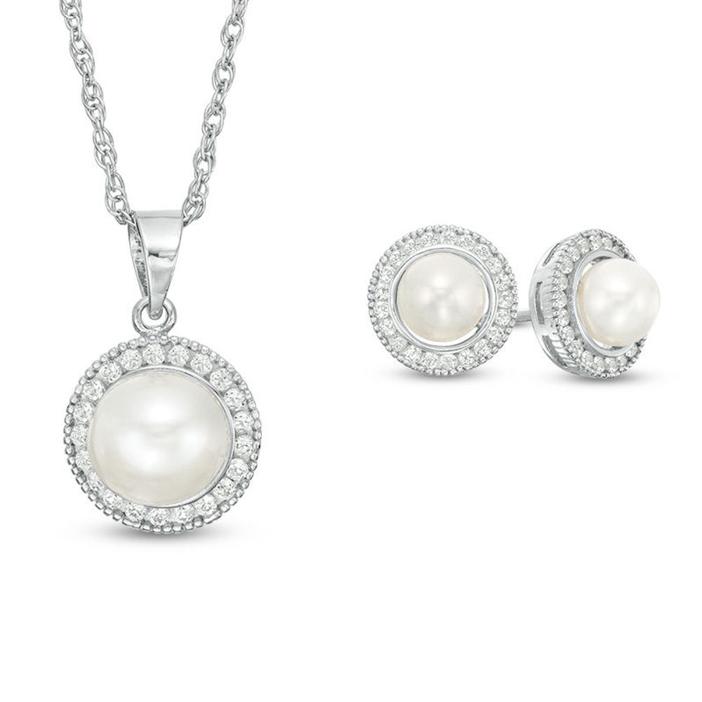 Button Freshwater Cultured Pearl and Lab-Created White Sapphire Frame Pendant and Stud Earrings Set in Sterling Silver|Peoples Jewellers