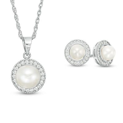 Button Cultured Freshwater Pearl and Lab-Created White Sapphire Frame Pendant and Stud Earrings Set in Sterling Silver|Peoples Jewellers