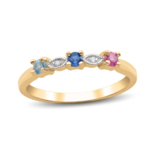 Mother's Birthstone and Diamond Accent Vintage-Style Family Ring in 10K White or Yellow Gold (3 Stones)