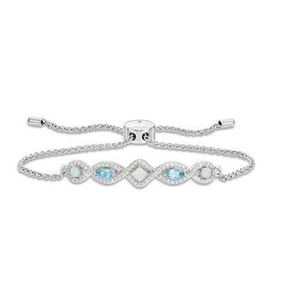 Lab-Created Opal, Swiss Blue Topaz and White Sapphire Geometric Bolo Bracelet in Sterling Silver - 9.0"|Peoples Jewellers