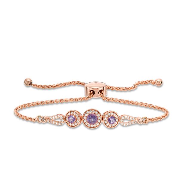 Rose de France and Lab-Created White Sapphire Frame Bolo Bracelet in Sterling Silver with 18K Rose Gold Plate - 9.0"|Peoples Jewellers