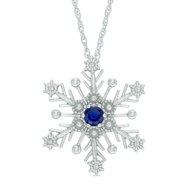 4.0mm Lab-Created Ceylon Sapphire and Diamond Accent Snowflake Pendant in Sterling Silver|Peoples Jewellers