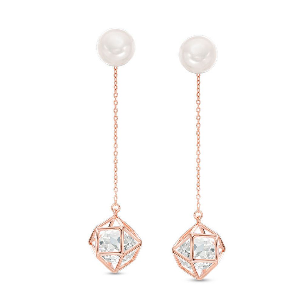 Freshwater Cultured Pearl and Lab-Created White Sapphire Cage Drop Earrings in Sterling Silver with 18K Rose Gold Plate|Peoples Jewellers