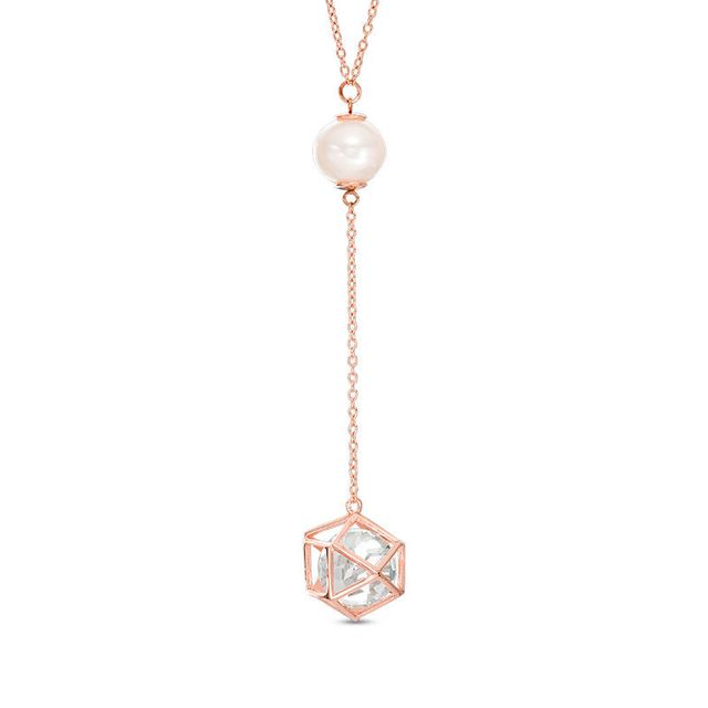 Freshwater Cultured Pearl and Lab-Created White Sapphire Cage Drop Necklace in Sterling Silver with 18K Rose Gold Plate|Peoples Jewellers