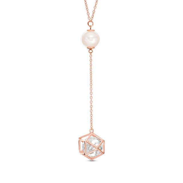 Freshwater Cultured Pearl and Lab-Created White Sapphire Cage Drop Necklace in Sterling Silver with 18K Rose Gold Plate