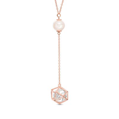 Freshwater Cultured Pearl and Lab-Created White Sapphire Cage Drop Necklace in Sterling Silver with 18K Rose Gold Plate|Peoples Jewellers