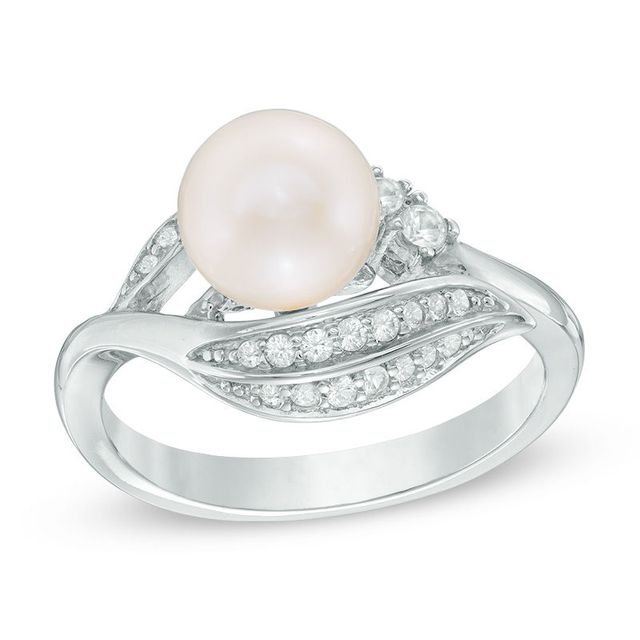 7.5 - 8.0mm Cultured Freshwater Pearl and Lab-Created White Sapphire Leaf Ring in Sterling Silver|Peoples Jewellers