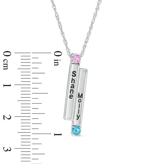 Couple's Simulated Birthstone Linear Double Bar Pendant in Sterling Silver (2 Stones and Names)