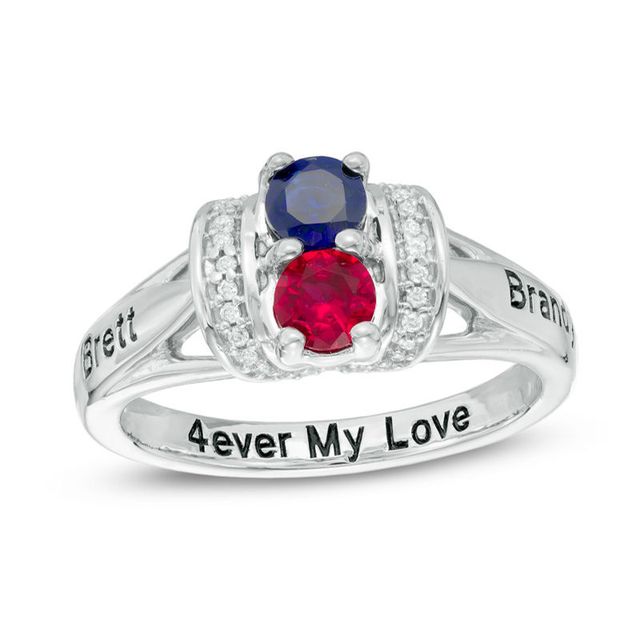 Couple's Simulated Birthstone and 1/10 CT. T.W. Diamond Collar Ring in Sterling Silver (2 Stones and 3 Lines)