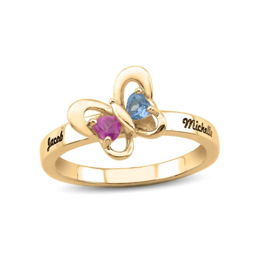 Couple's Heart-Shaped Simulated Birthstone Butterfly Ring in 10K White or Yellow Gold (2 Stones and Names)|Peoples Jewellers