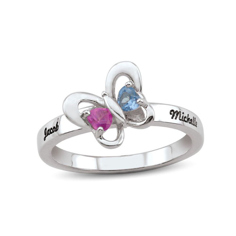 Couple's Heart-Shaped Simulated Birthstone Butterfly Ring in Sterling Silver (2 Stones and Names)|Peoples Jewellers