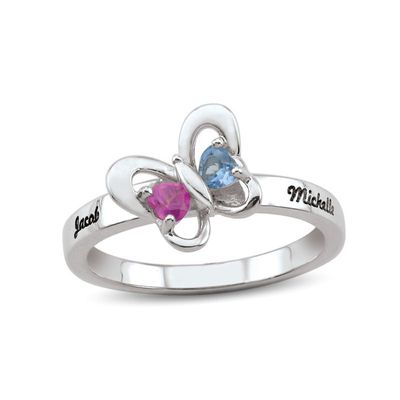 Couple's Heart-Shaped Simulated Birthstone Butterfly Ring in Sterling Silver (2 Stones and Names)|Peoples Jewellers