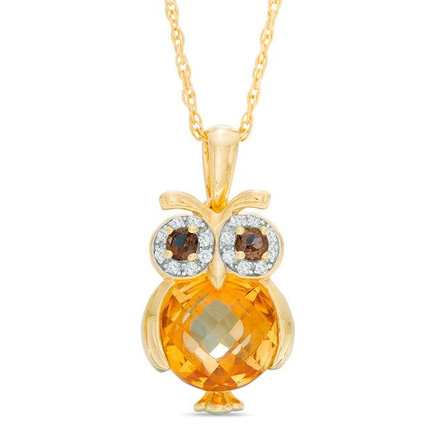 9.0mm Briolette Citrine, Smoky Quartz and Lab-Created White Sapphire Owl Pendant in Sterling Silver with 14K Gold Plate|Peoples Jewellers
