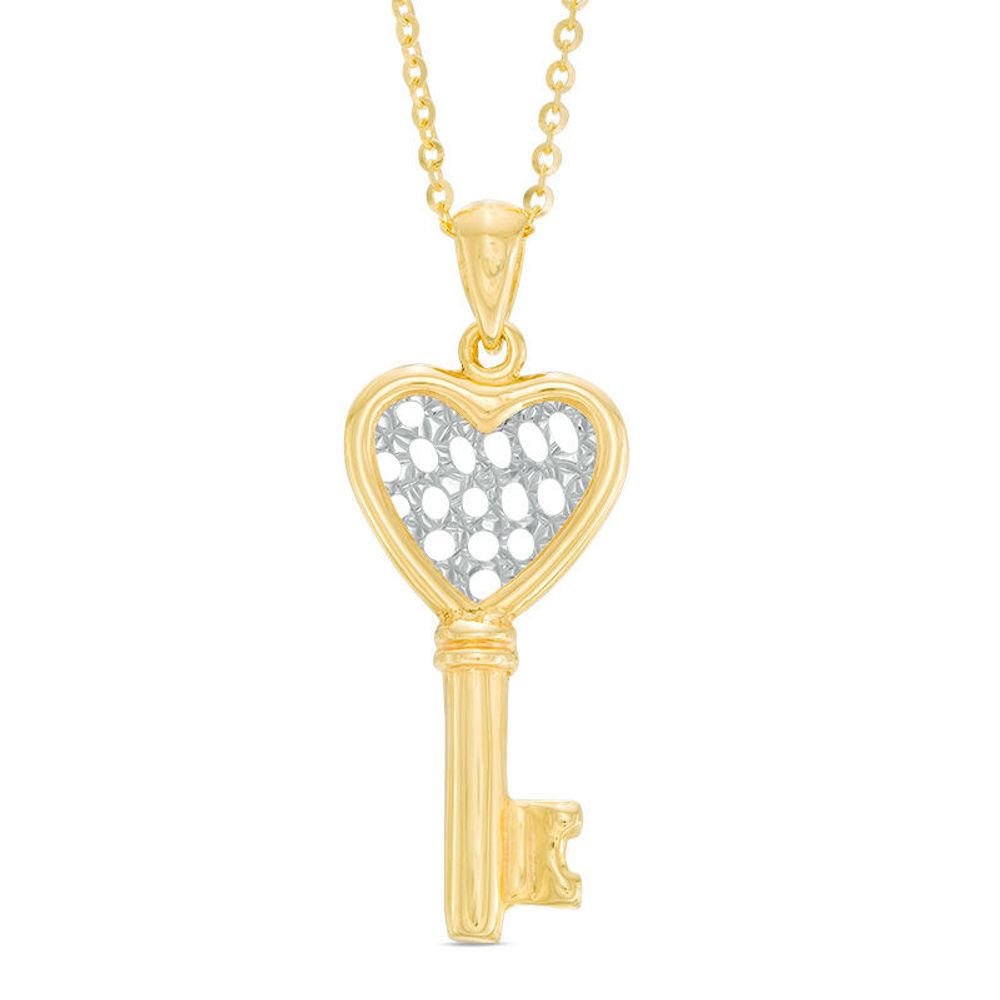 Made in Italy Diamond-Cut Lattice Heart-Top Key Pendant in 10K Two-Tone Gold|Peoples Jewellers