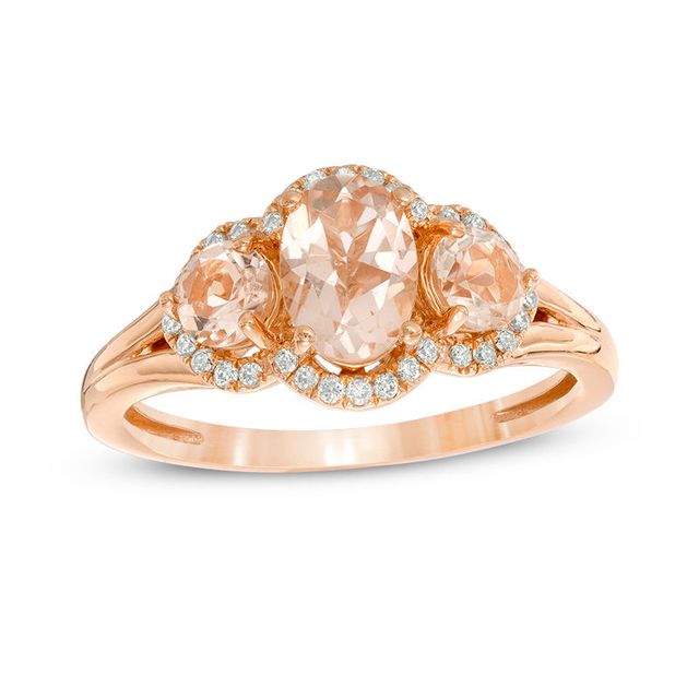 Oval Morganite and 0.12 CT. T.W. Diamond Frame Three Stone Ring in 10K Rose Gold|Peoples Jewellers