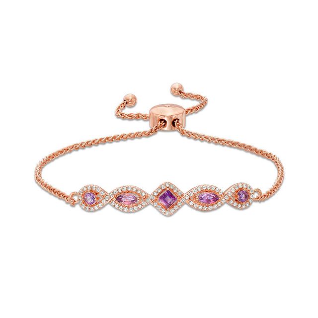 Multi-Shaped Amethyst and Lab-Created White Sapphire Bolo Bracelet in Sterling Silver with 18K Rose Gold Plate - 9.0"|Peoples Jewellers
