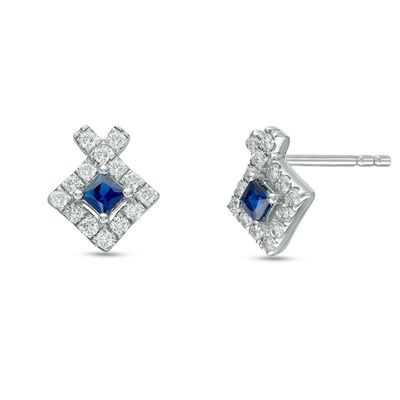 Vera Wang Love Collection Princess-Cut Blue Sapphire 0.23 CT. T.W. Diamond Frame Stud Earrings in Sterling Silver|Peoples Jewellers