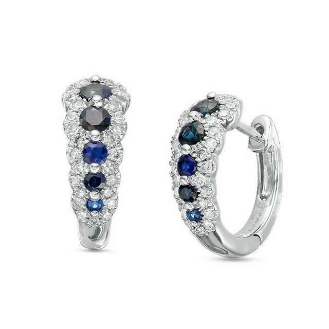 Vera Wang Love Collection Blue Sapphire and 0.30 CT. T.W. Diamond Hoop Earrings in 14K White Gold|Peoples Jewellers