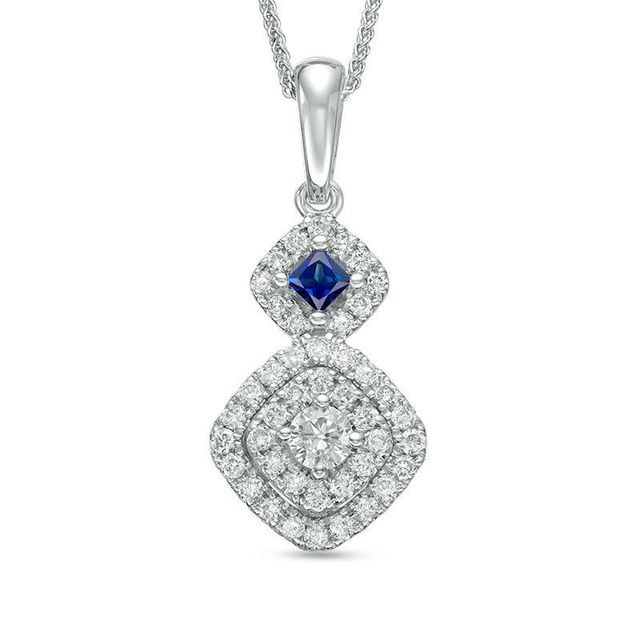Vera Wang Love Collection 0.45 CT. T.W. Diamond and Blue Sapphire Double Frame Pendant in 14K White Gold - 19"|Peoples Jewellers
