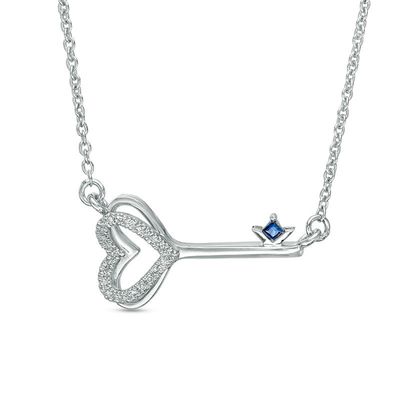 Vera Wang Love Collection 0.05 CT. T.W. Diamond and Blue Sapphire Heart-Top Key Necklace in Sterling Silver - 19"|Peoples Jewellers