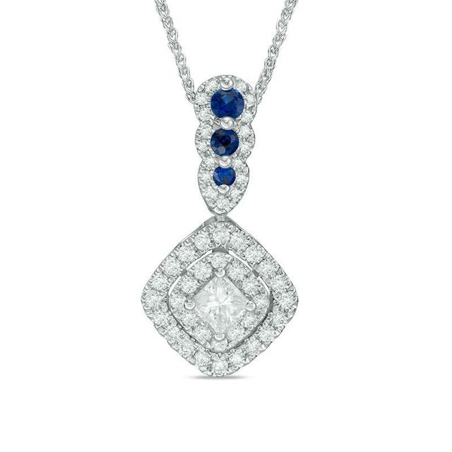 Vera Wang Love Collection 0.38 CT. T.W. Diamond and Blue Sapphire Double Frame Pendant in 14K White Gold - 19"|Peoples Jewellers