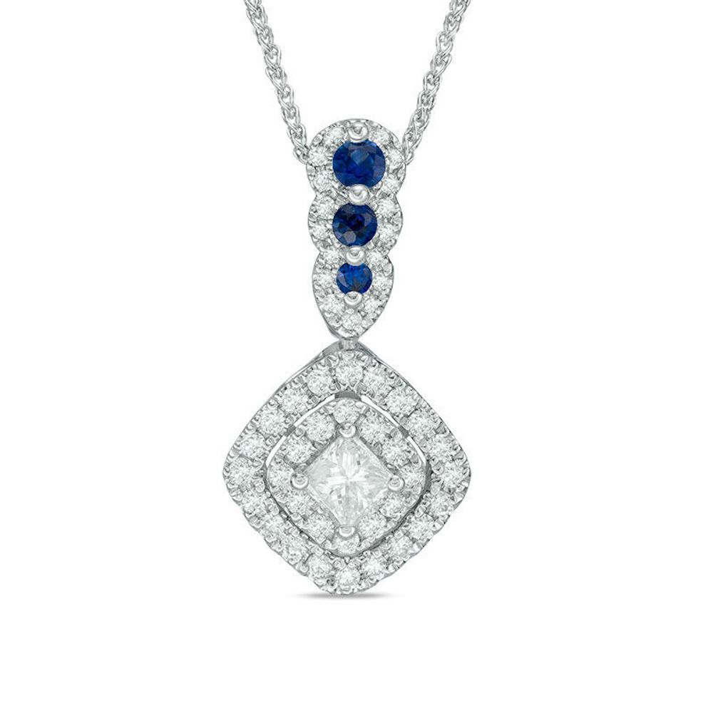 Vera Wang Love Collection 0.38 CT. T.W. Diamond and Blue Sapphire Double Frame Pendant in 14K White Gold - 19"|Peoples Jewellers