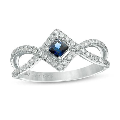 Vera Wang Love Collection Princess-Cut Blue Sapphire and 0.23 CT. T.W. Diamond Frame Ring in Sterling Silver|Peoples Jewellers