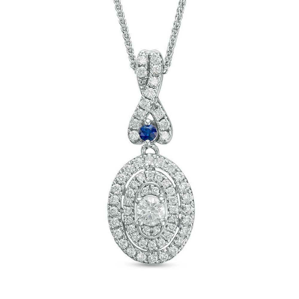 Vera Wang Love Collection 0.45 CT. T.W. Diamond and Blue Sapphire Oval Frame Pendant in 14K White Gold - 19"|Peoples Jewellers