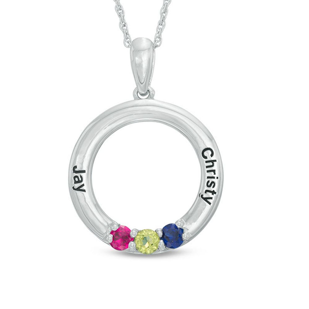 Mother's Simulated Birthstone Circle Pendant in Sterling Silver (3 Stones and 2 Names)|Peoples Jewellers