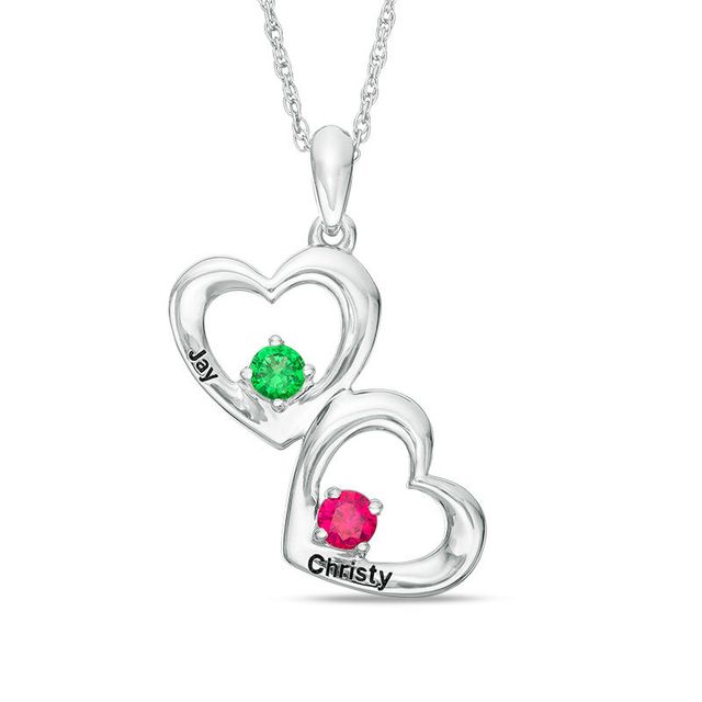 Couple's Simulated Birthstone Double Heart Pendant in Sterling Silver (2 Stones and Names)|Peoples Jewellers