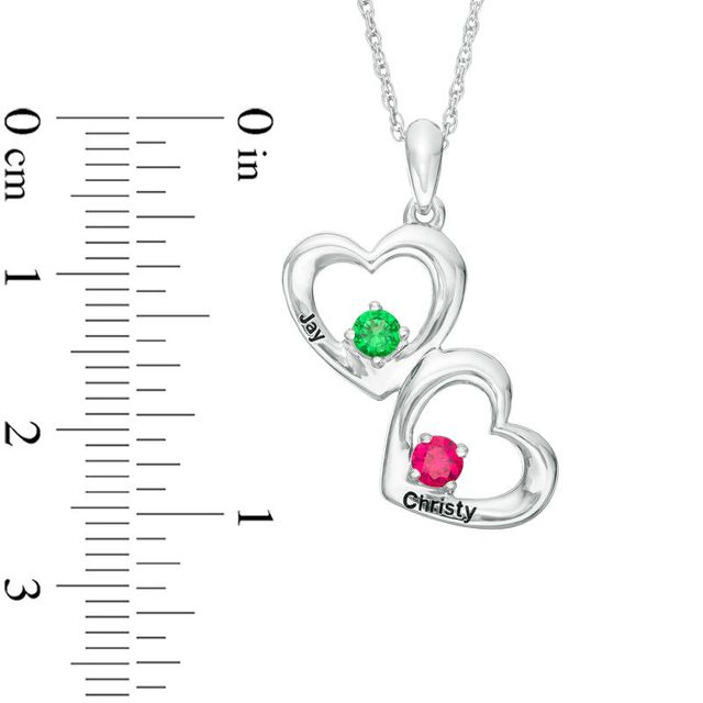 Couple's Simulated Birthstone Double Heart Pendant in Sterling Silver (2 Stones and Names)|Peoples Jewellers