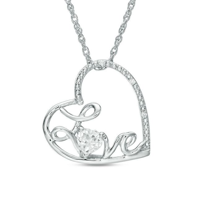 4.0mm Lab-Created Sapphire and Diamond Accent Cursive "Love" Tilted Heart Pendant in Sterling Silver